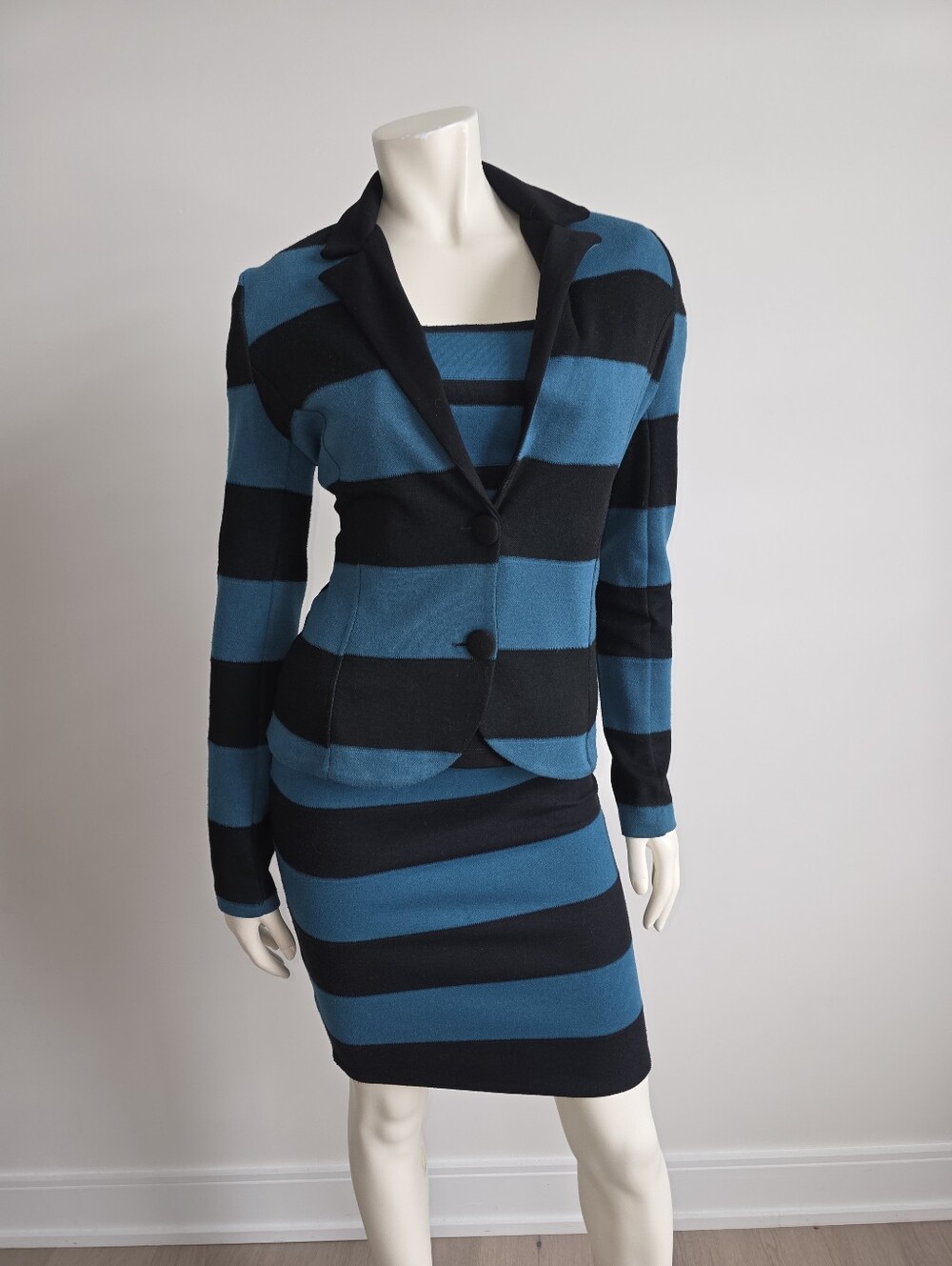 Rinascimento Black & Teal Striped Knit Blazer Top & Pencil Skirt 3 Piece Suit S